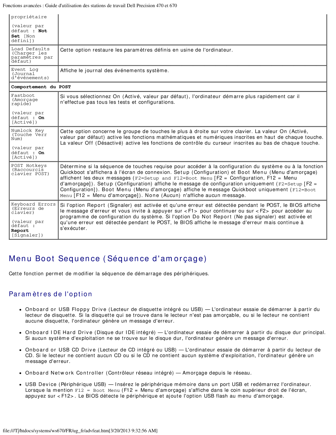 Dell 470 et 670 manual Menu Boot Sequence Séquence damorçage, Comportement du Post 