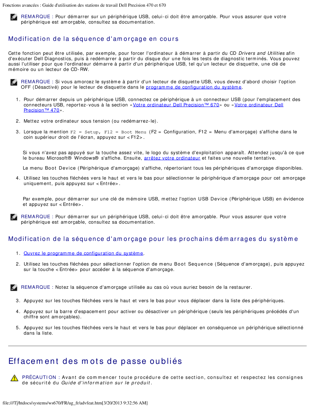 Dell 470 et 670 manual Effacement des mots de passe oubliés, Modification de la séquence damorçage en cours 