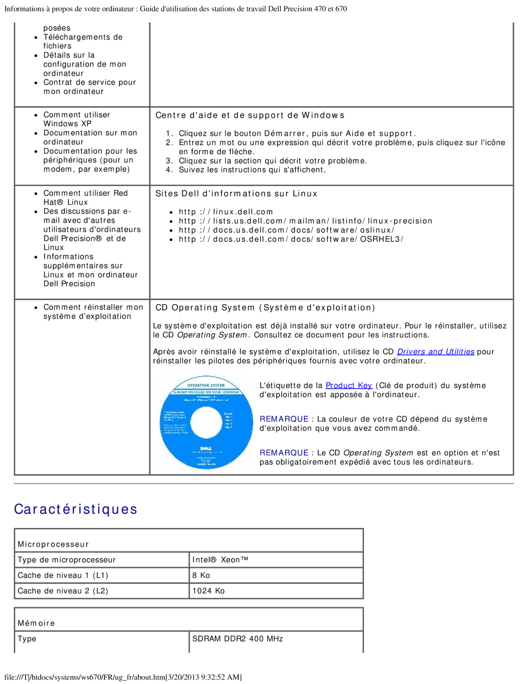 Dell 470 et 670 manual Caractéristiques, Http //linux.dell.com, Microprocesseur, Mémoire, Type Sdram DDR2 400 MHz 