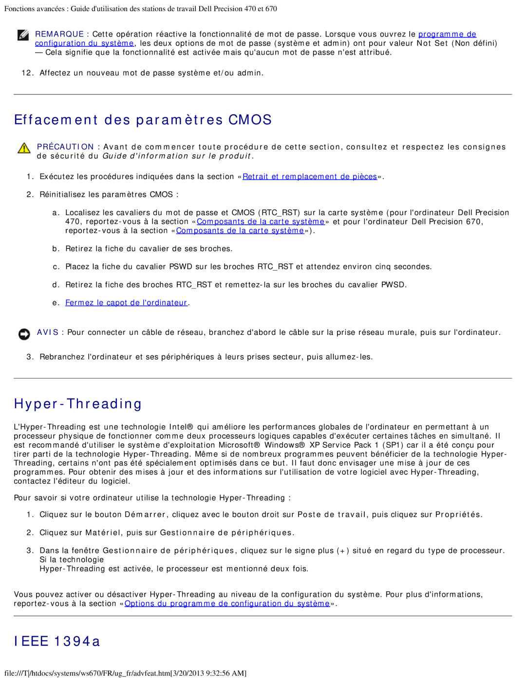 Dell 470 et 670 manual Effacement des paramètres Cmos, Hyper-Threading, Ieee 1394a 