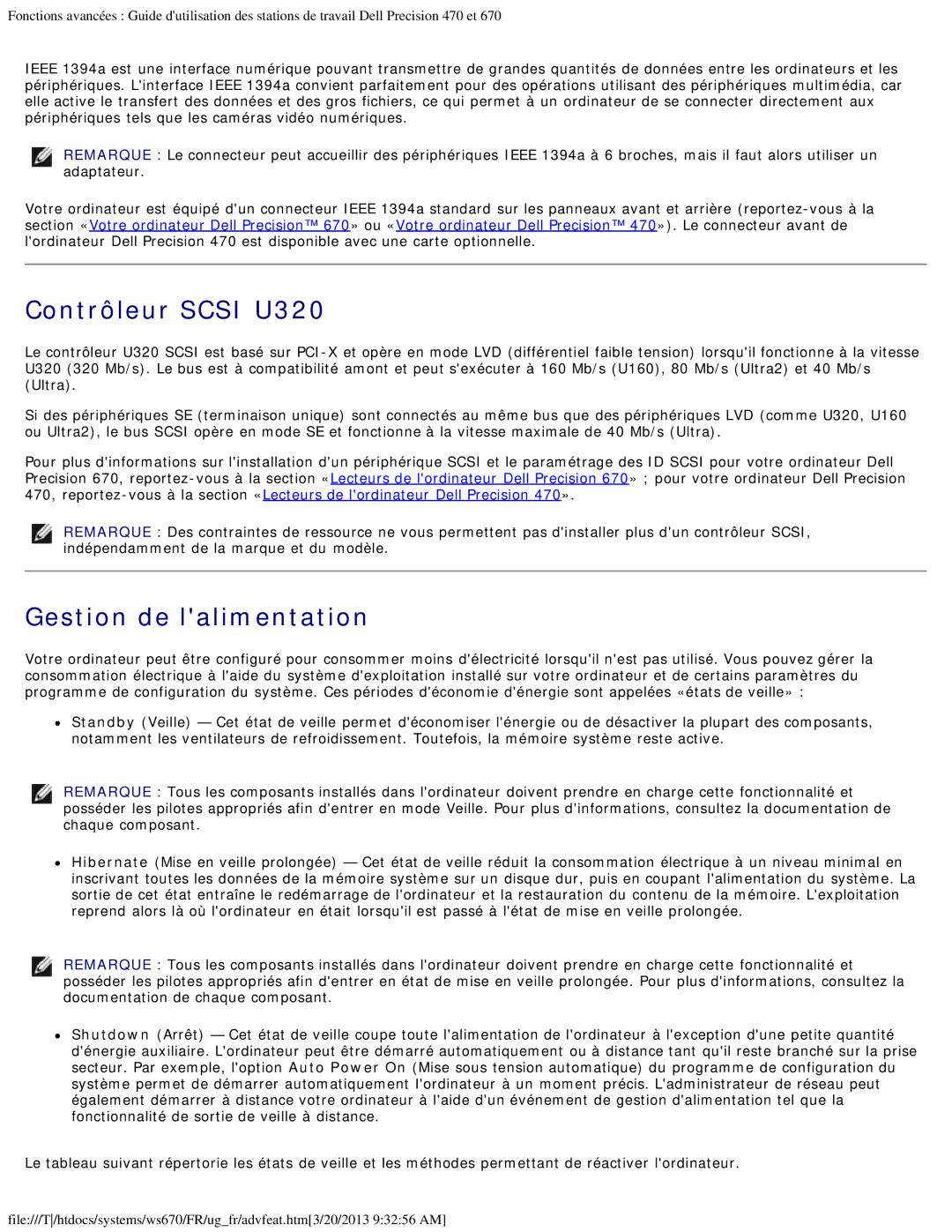 Dell 470 et 670 manual Contrôleur Scsi U320, Gestion de lalimentation 