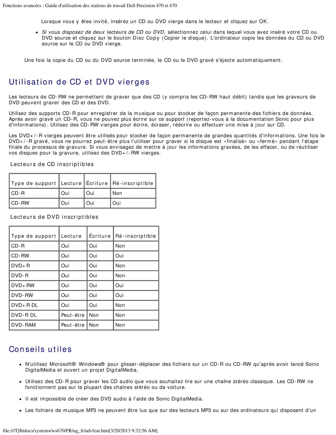 Dell 470 et 670 Utilisation de CD et DVD vierges, Conseils utiles, Type de support Lecture Écriture Ré-inscriptible, Oui 