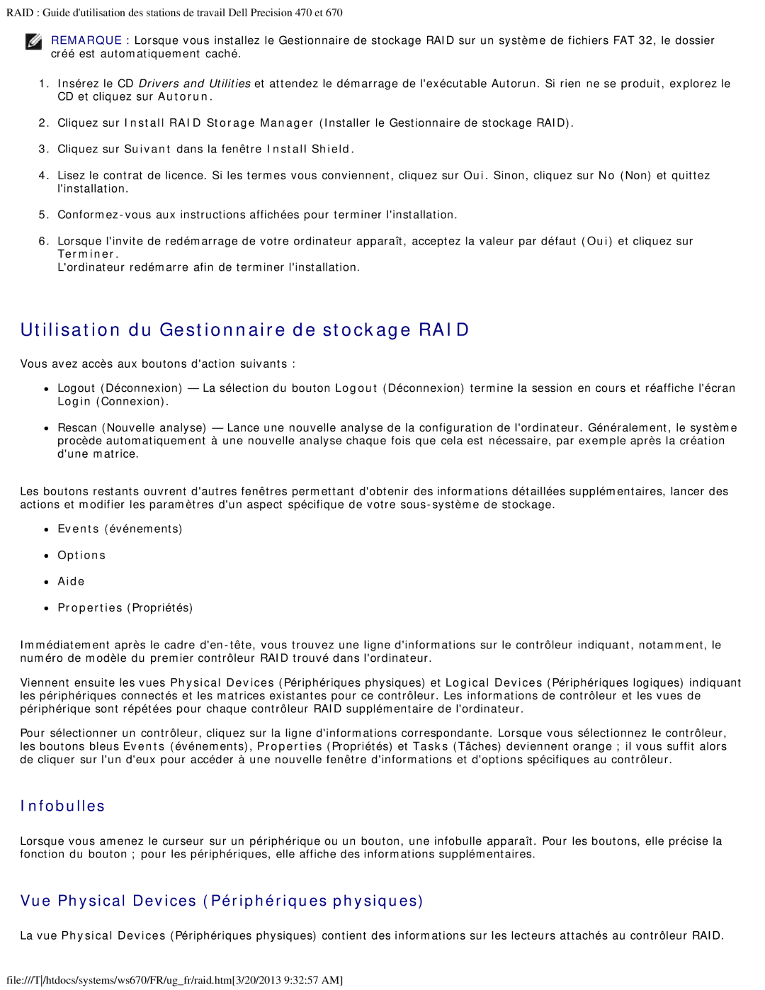 Dell 470 et 670 Utilisation du Gestionnaire de stockage RAID, Infobulles, Vue Physical Devices Périphériques physiques 