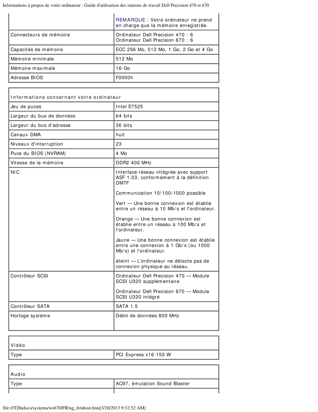 Dell 470 et 670 manual Informations concernant votre ordinateur, Vidéo, Audio 