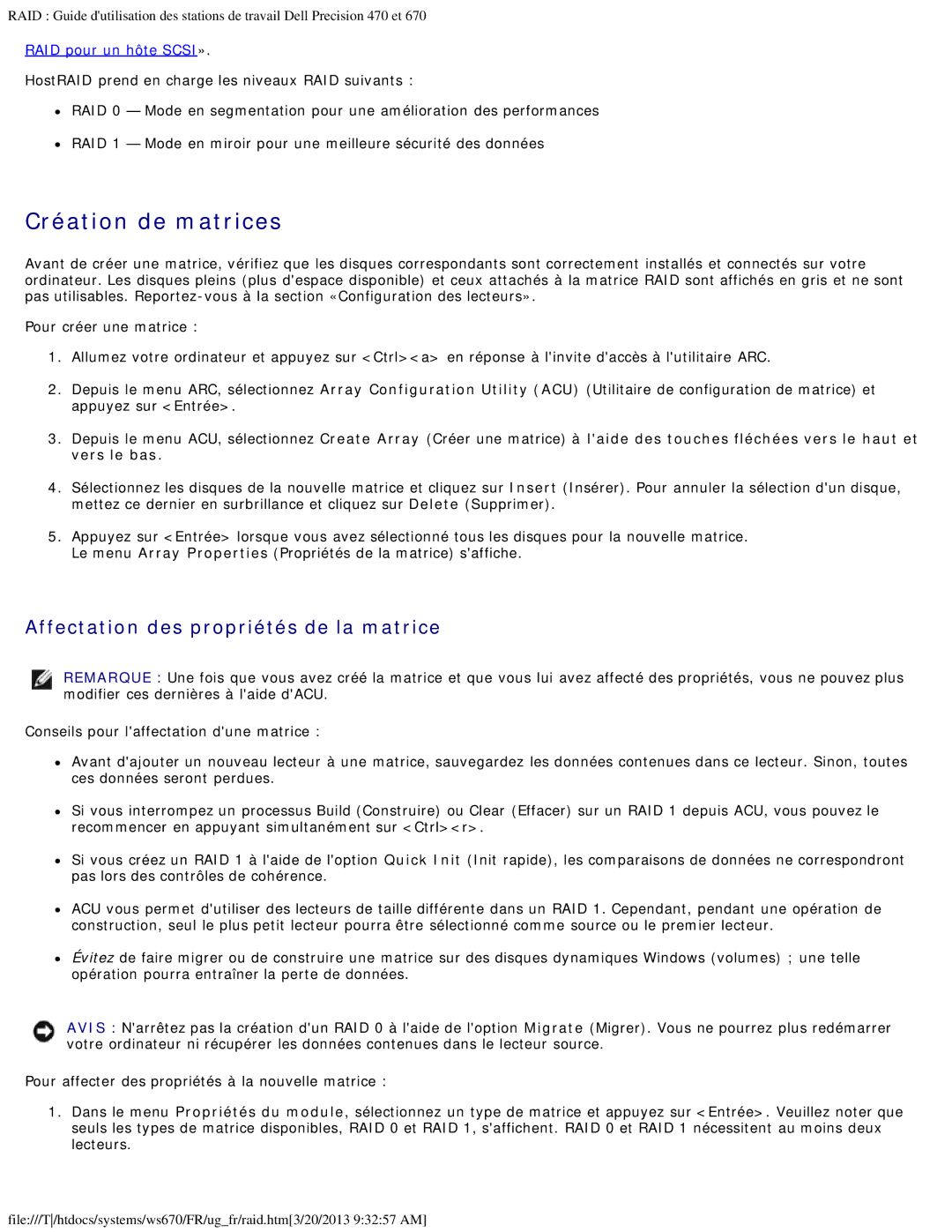 Dell 470 et 670 manual Création de matrices, Affectation des propriétés de la matrice 