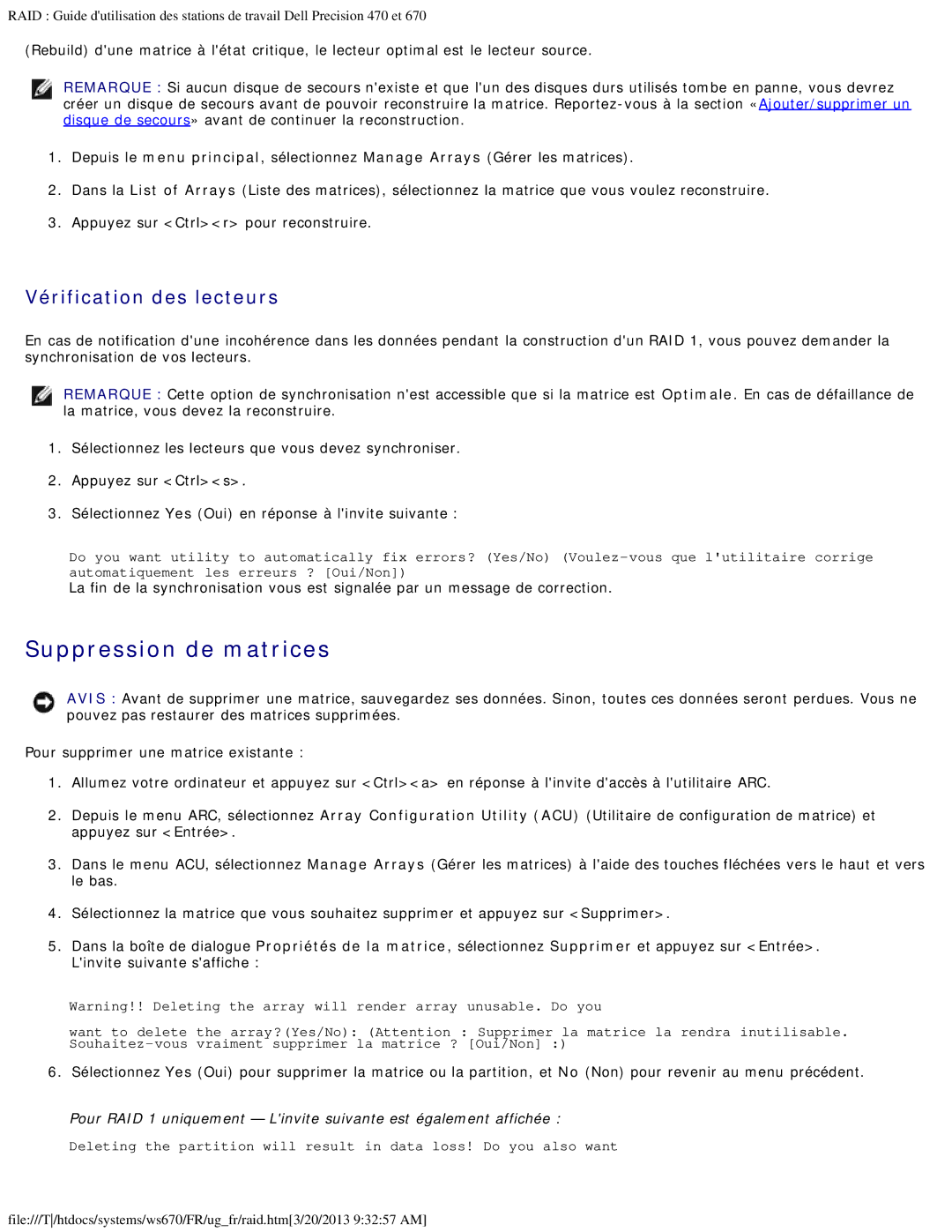 Dell 470 et 670 manual Suppression de matrices, Vérification des lecteurs 