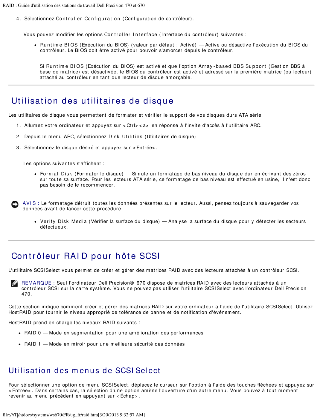 Dell 470 et 670 Utilisation des utilitaires de disque, Contrôleur RAID pour hôte Scsi, Utilisation des menus de SCSISelect 