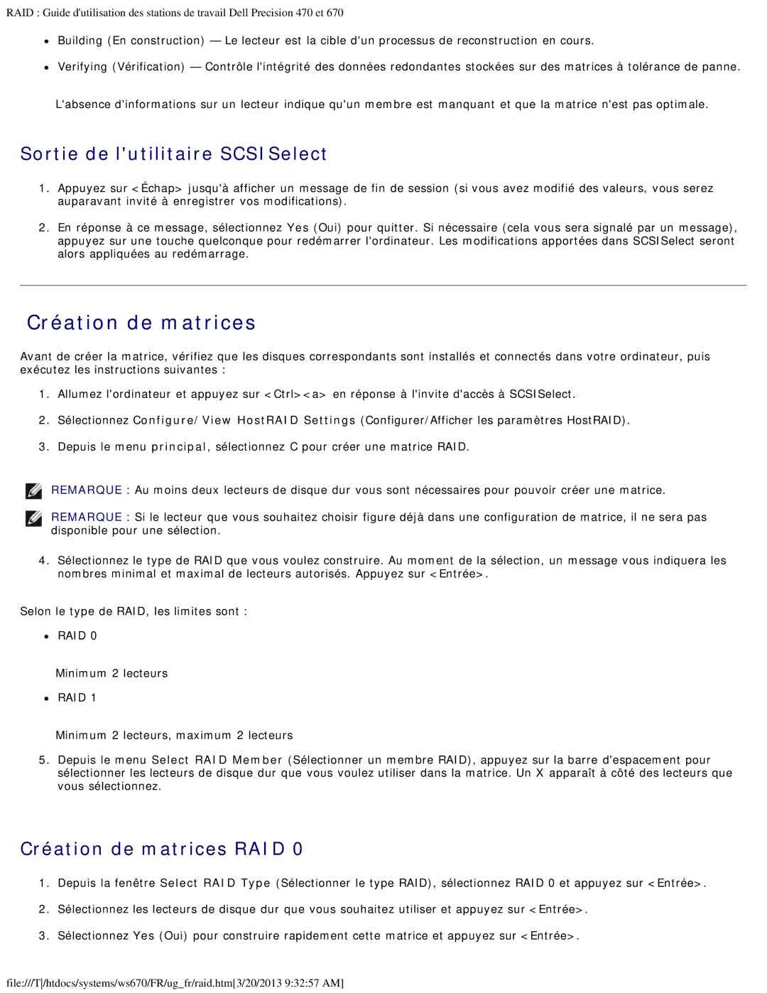 Dell 470 et 670 manual Sortie de lutilitaire SCSISelect, Création de matrices RAID, Minimum 2 lecteurs 