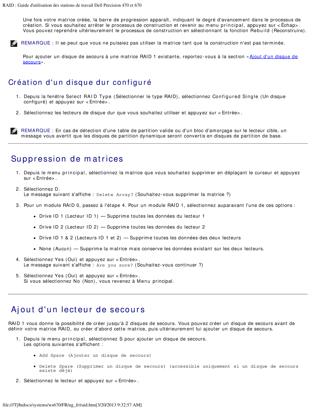 Dell 470 et 670 manual Suppression de matrices, Ajout dun lecteur de secours, Création dun disque dur configuré 