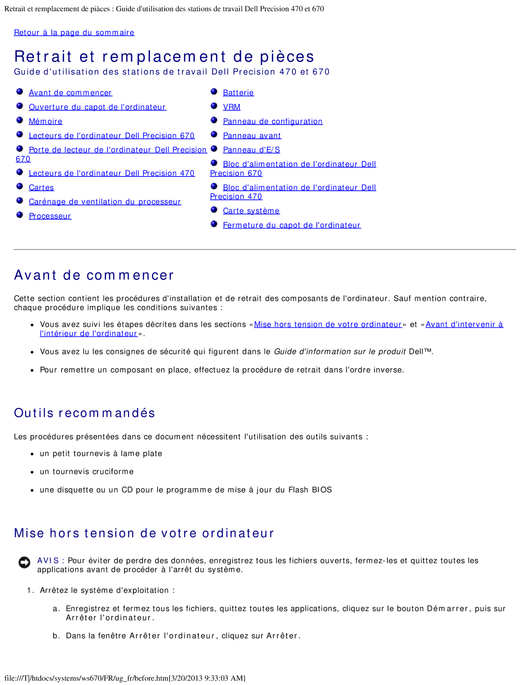 Dell 470 et 670 manual Avant de commencer, Outils recommandés, Mise hors tension de votre ordinateur 