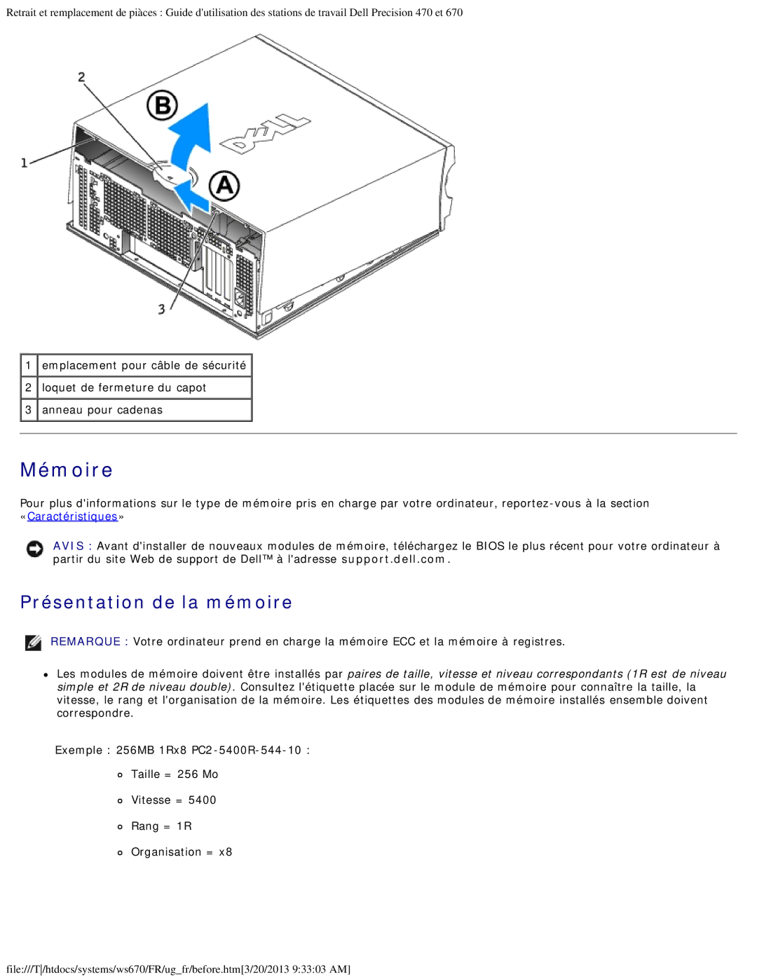 Dell 470 et 670 manual Mémoire, Présentation de la mémoire 