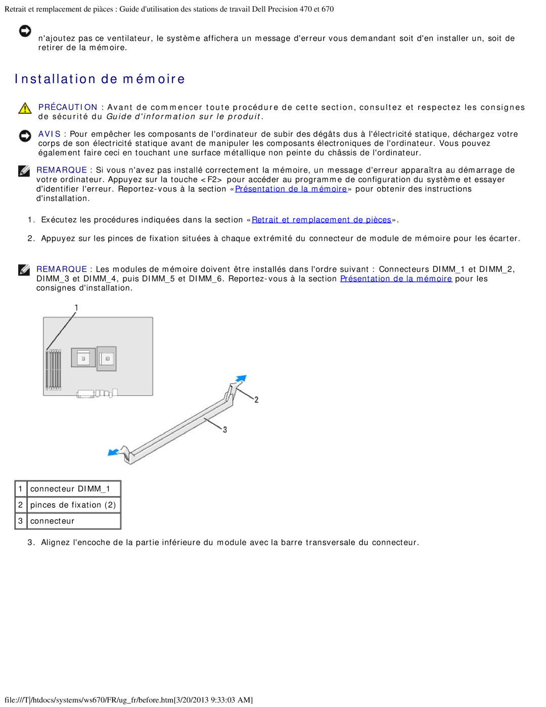 Dell 470 et 670 manual Installation de mémoire 