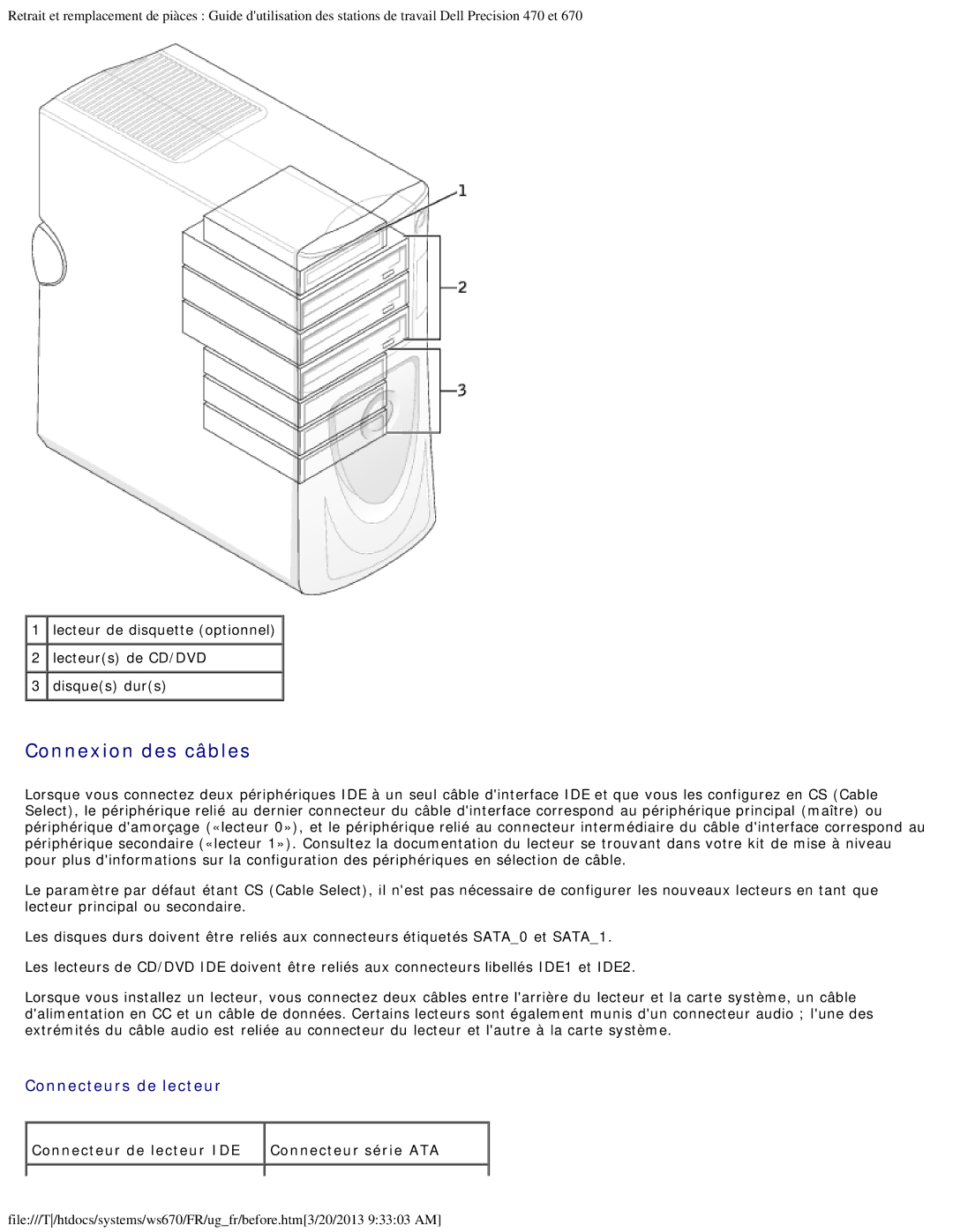 Dell 470 et 670 manual Connexion des câbles, Connecteur de lecteur IDE Connecteur série ATA 