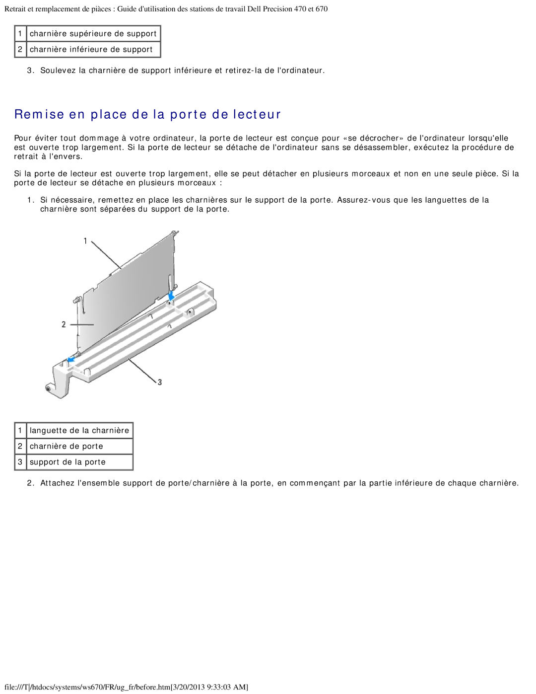 Dell 470 et 670 manual Remise en place de la porte de lecteur 