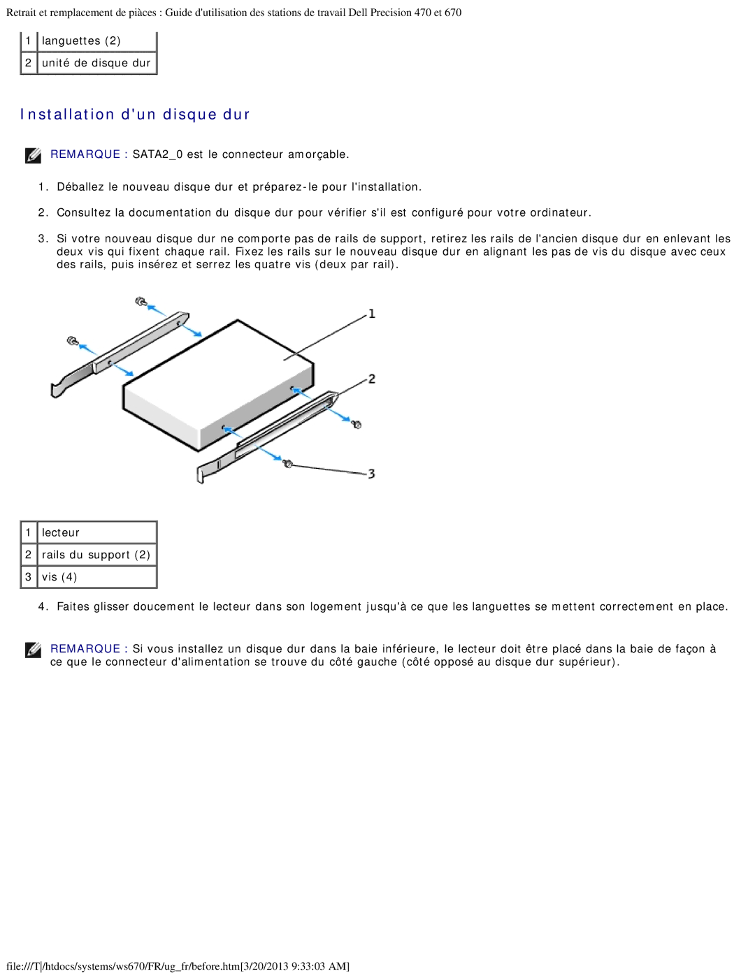 Dell 470 et 670 manual Installation dun disque dur, Languettes Unité de disque dur 
