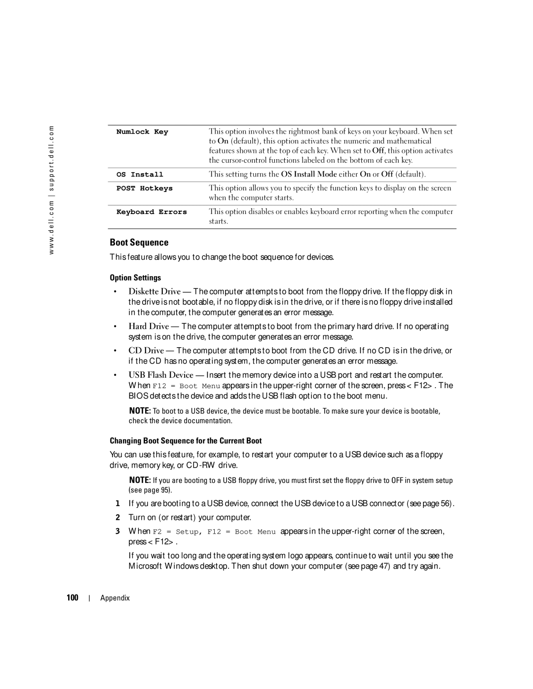 Dell 4700 manual Option Settings, Changing Boot Sequence for the Current Boot, 100 