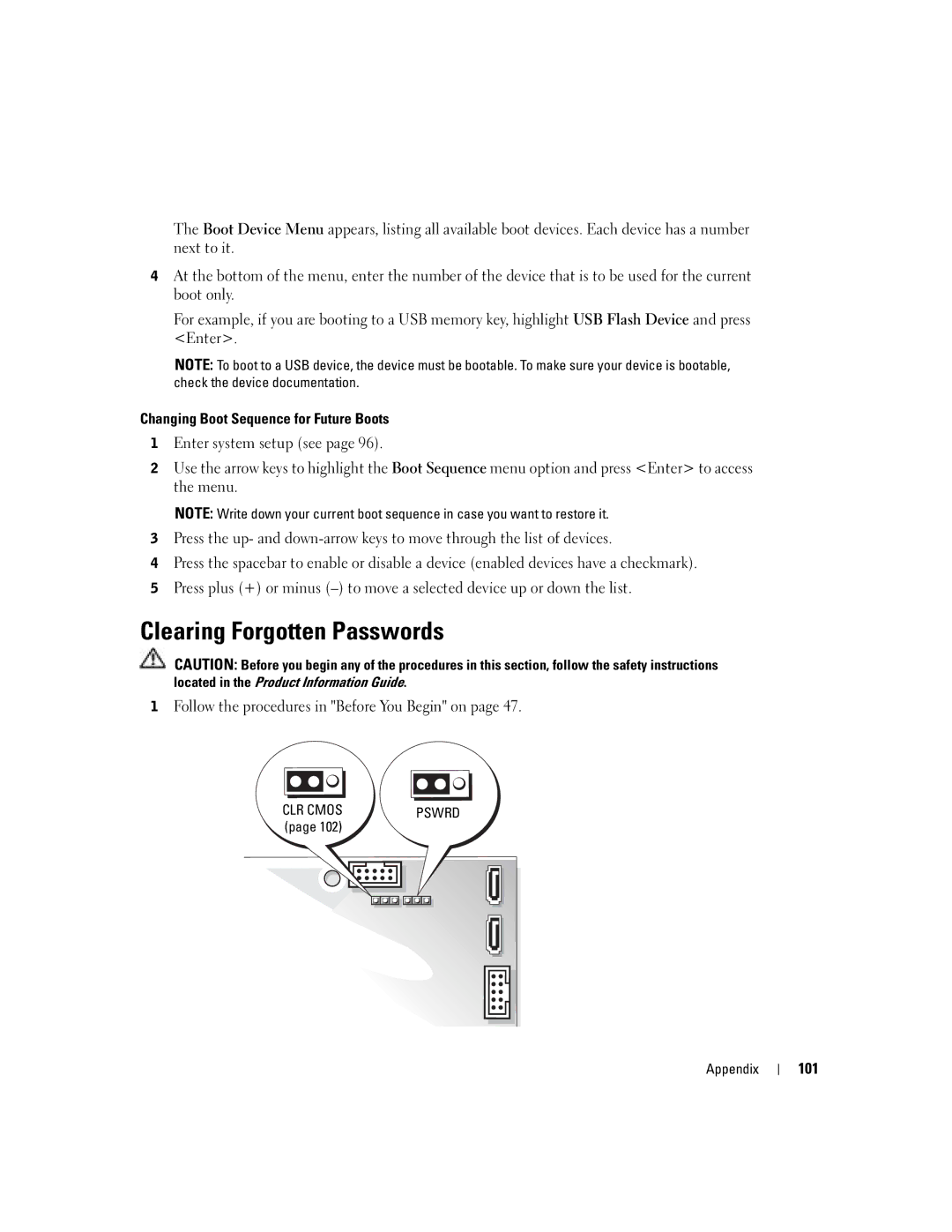 Dell 4700 manual Clearing Forgotten Passwords, Changing Boot Sequence for Future Boots, 101 