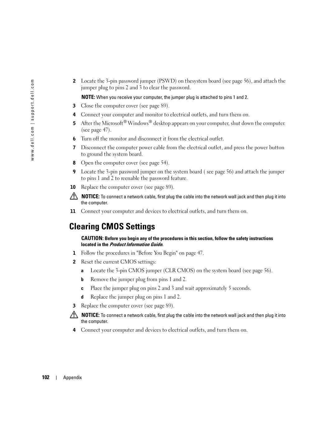 Dell 4700 manual Clearing Cmos Settings, 102 