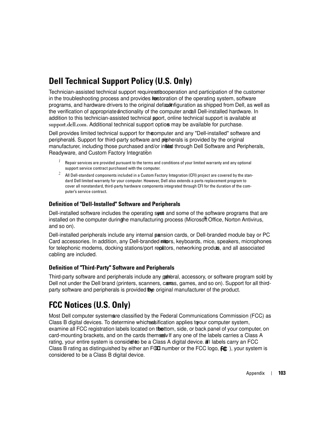 Dell 4700 manual Dell Technical Support Policy U.S. Only, FCC Notices U.S. Only, 103 