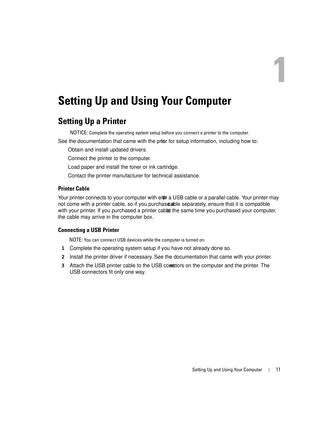 Dell 4700 manual Setting Up a Printer, Printer Cable, Connecting a USB Printer, Setting Up and Using Your Computer 