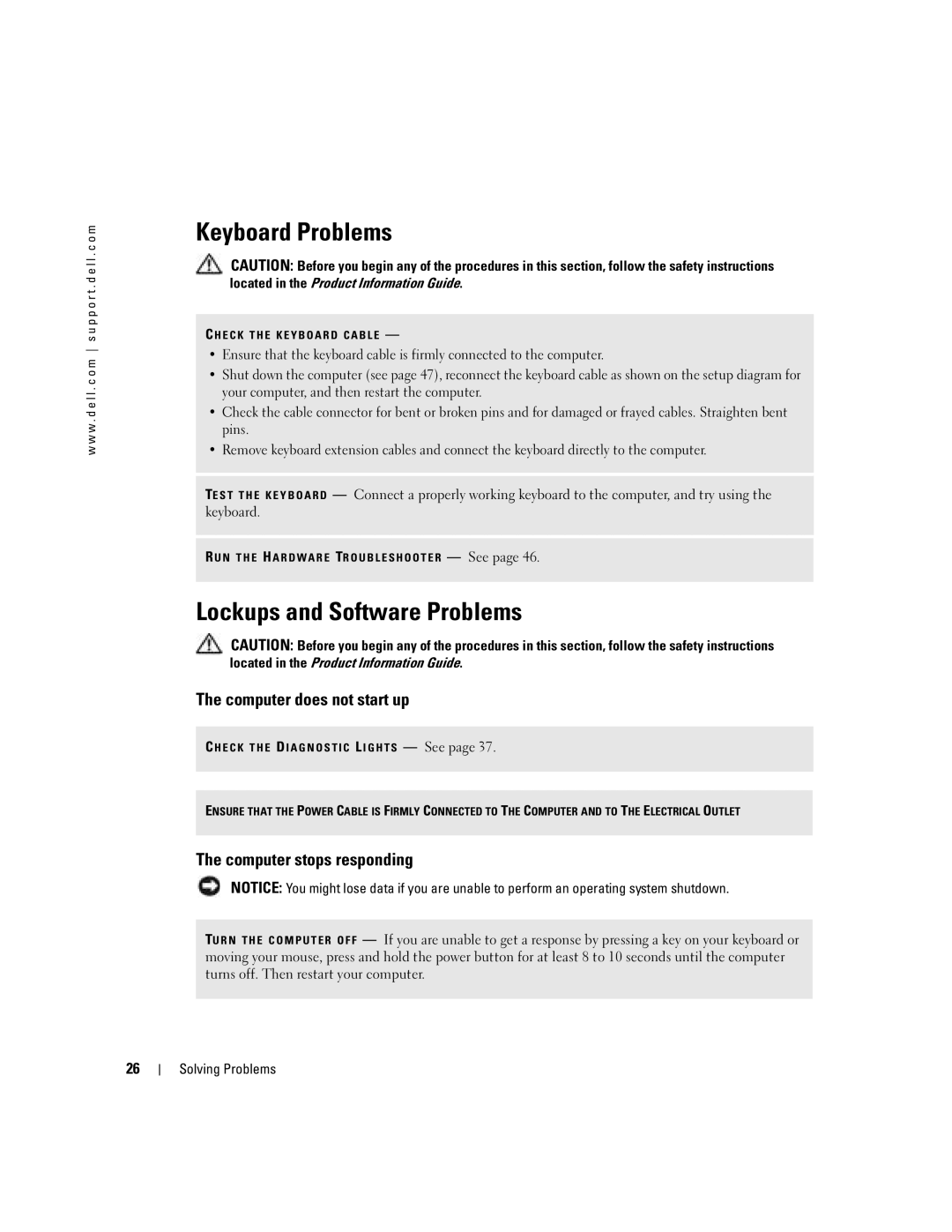 Dell 4700 manual Keyboard Problems, Lockups and Software Problems, Computer does not start up, Computer stops responding 