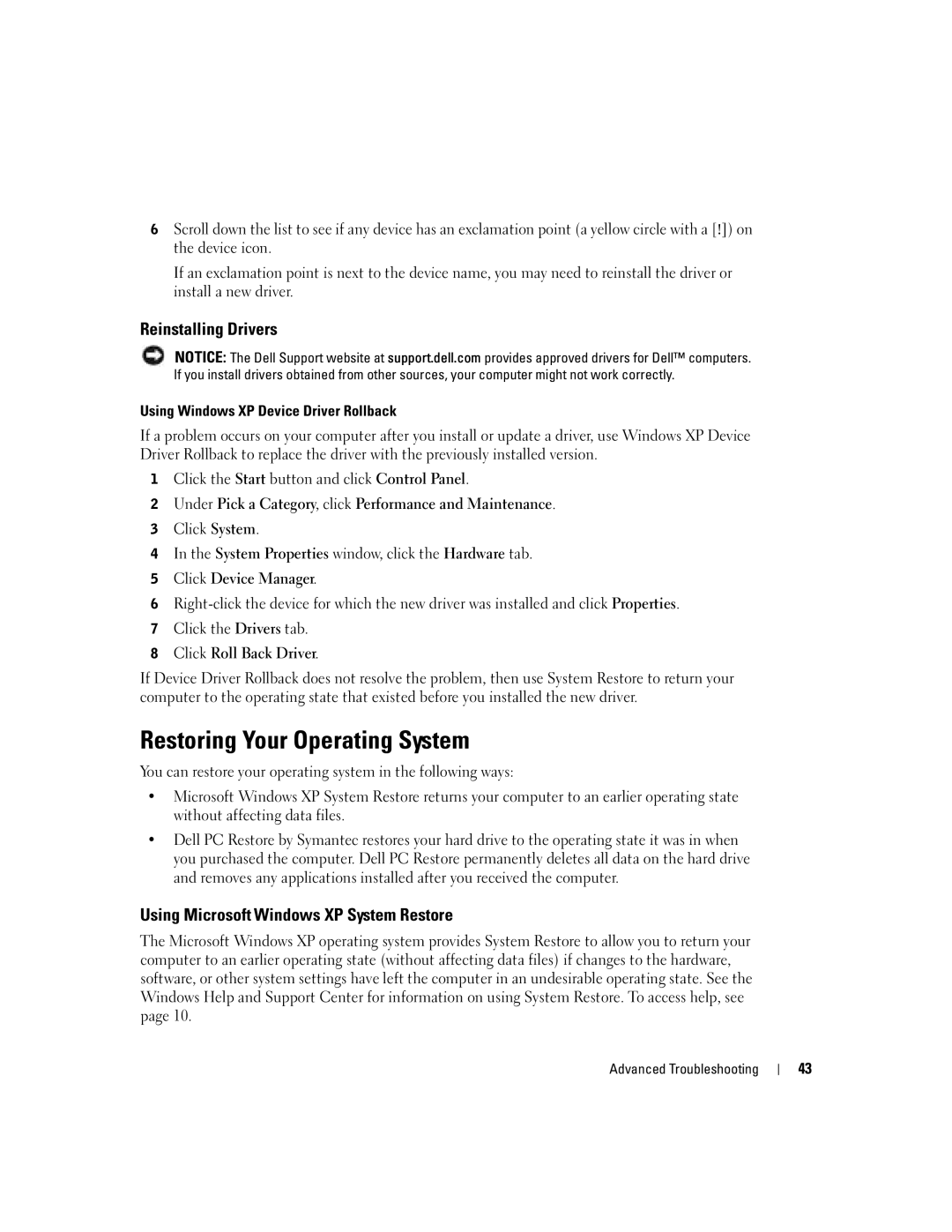 Dell 4700 manual Restoring Your Operating System, Reinstalling Drivers, Using Microsoft Windows XP System Restore 