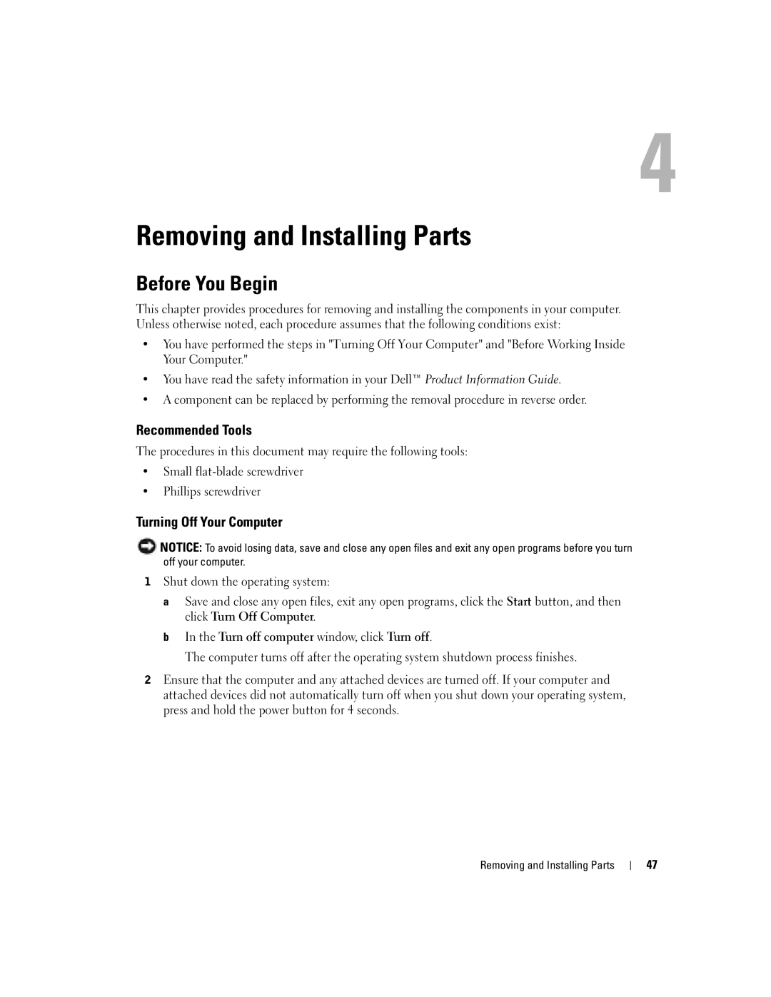 Dell 4700 manual Before You Begin, Recommended Tools, Turning Off Your Computer, Removing and Installing Parts 