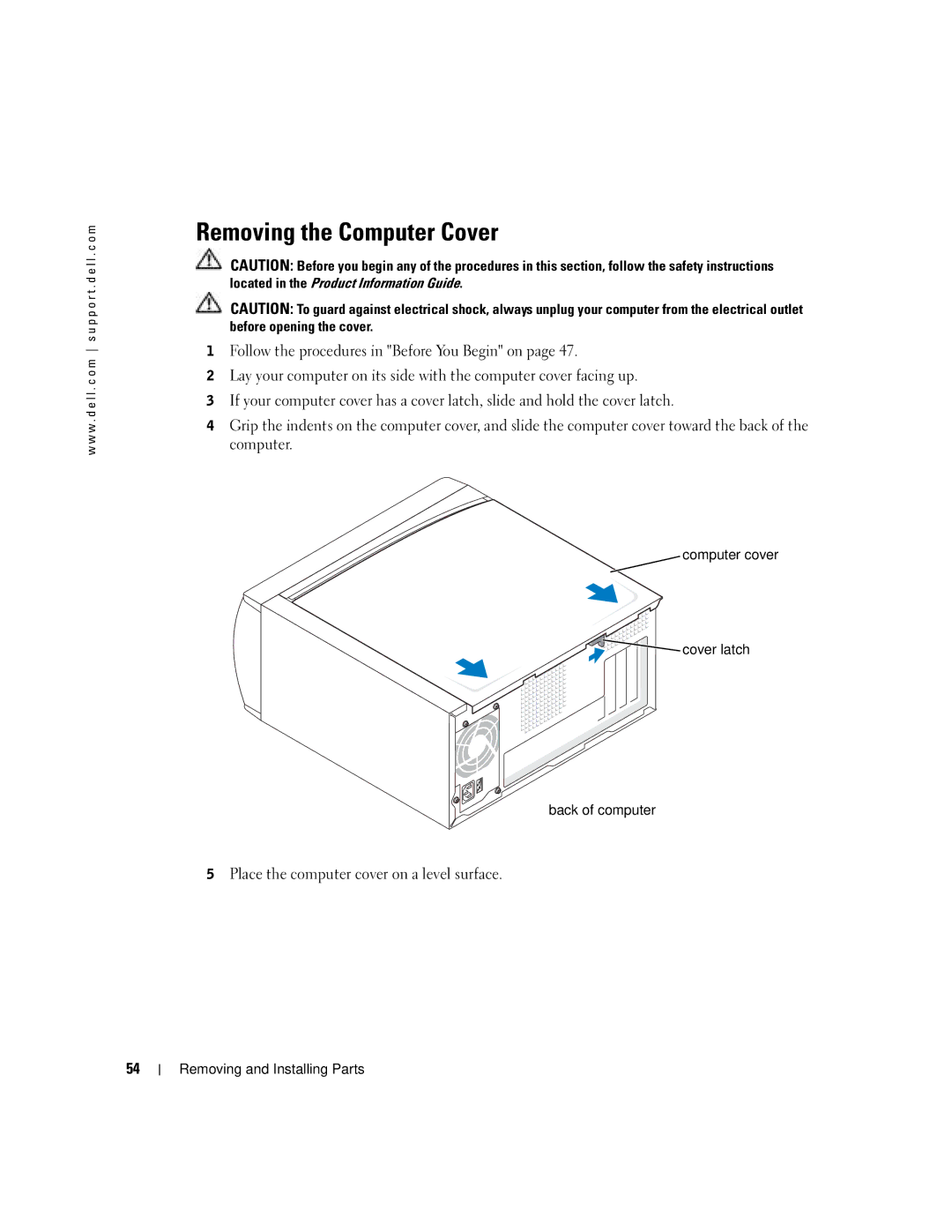 Dell 4700 manual Removing the Computer Cover, Computer cover Cover latch Back of computer 