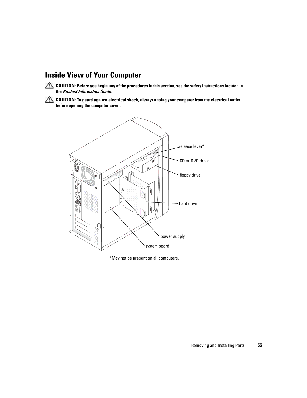 Dell 4700 manual Inside View of Your Computer, Release lever CD or DVD drive Floppy drive 