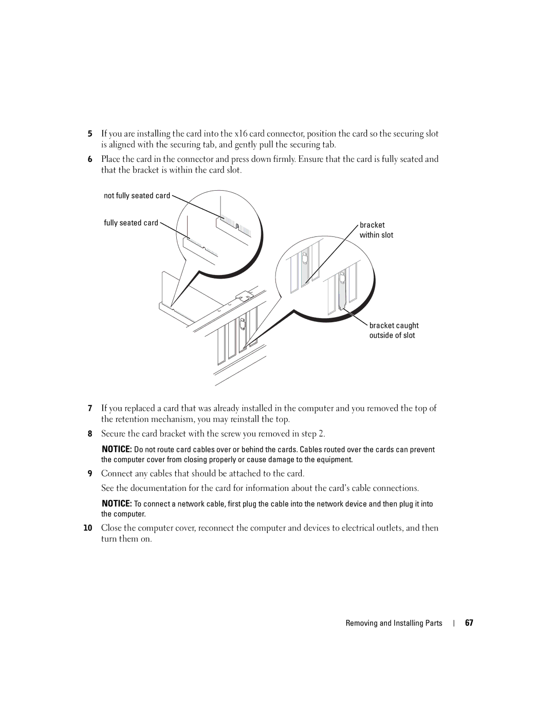 Dell 4700 manual Not fully seated card Fully seated card Bracket 