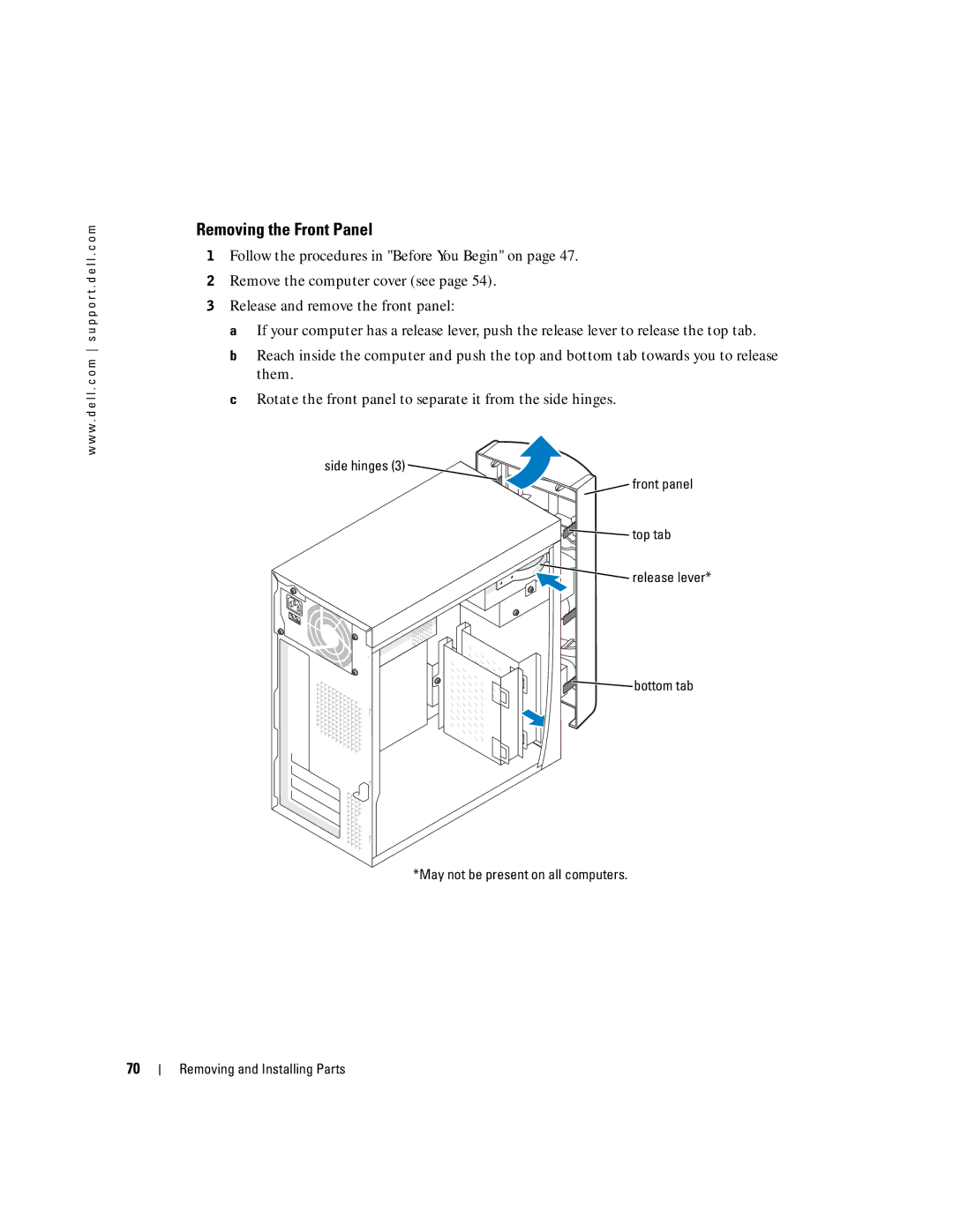Dell 4700 manual Removing the Front Panel, Side hinges Front panel Top tab 
