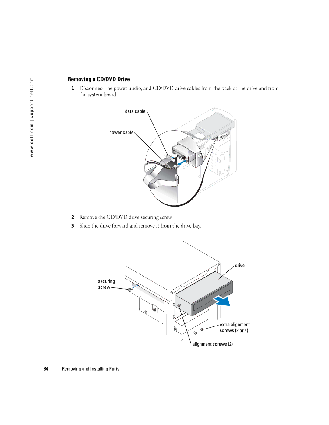 Dell 4700 manual Removing a CD/DVD Drive, Data cable Power cable 