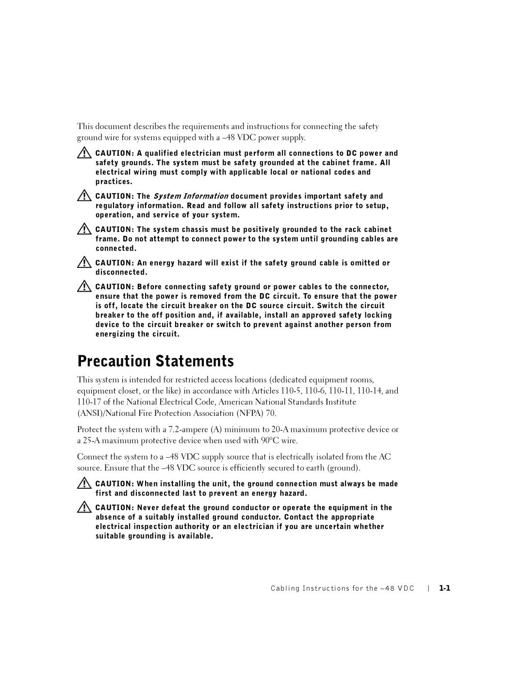 Dell 48 VDC manual Precaution Statements 