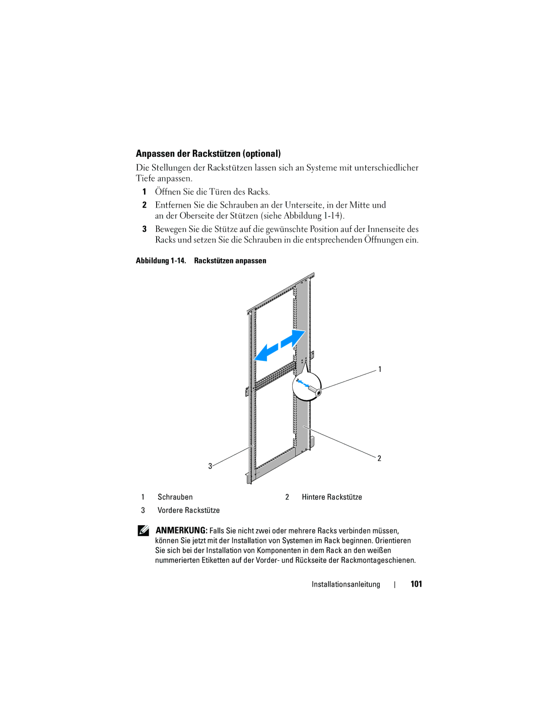 Dell 21DXJ, 4820 manual Anpassen der Rackstützen optional, 101 