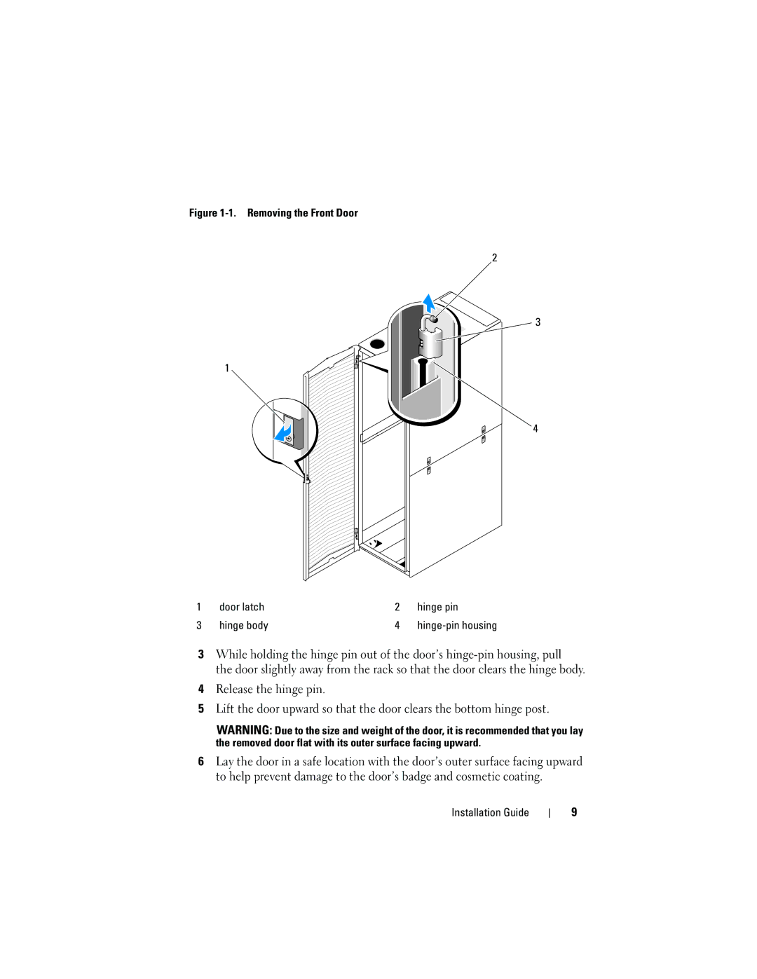 Dell 21DXJ, 4820 manual Removing the Front Door Door latch Hinge pin Hinge body 