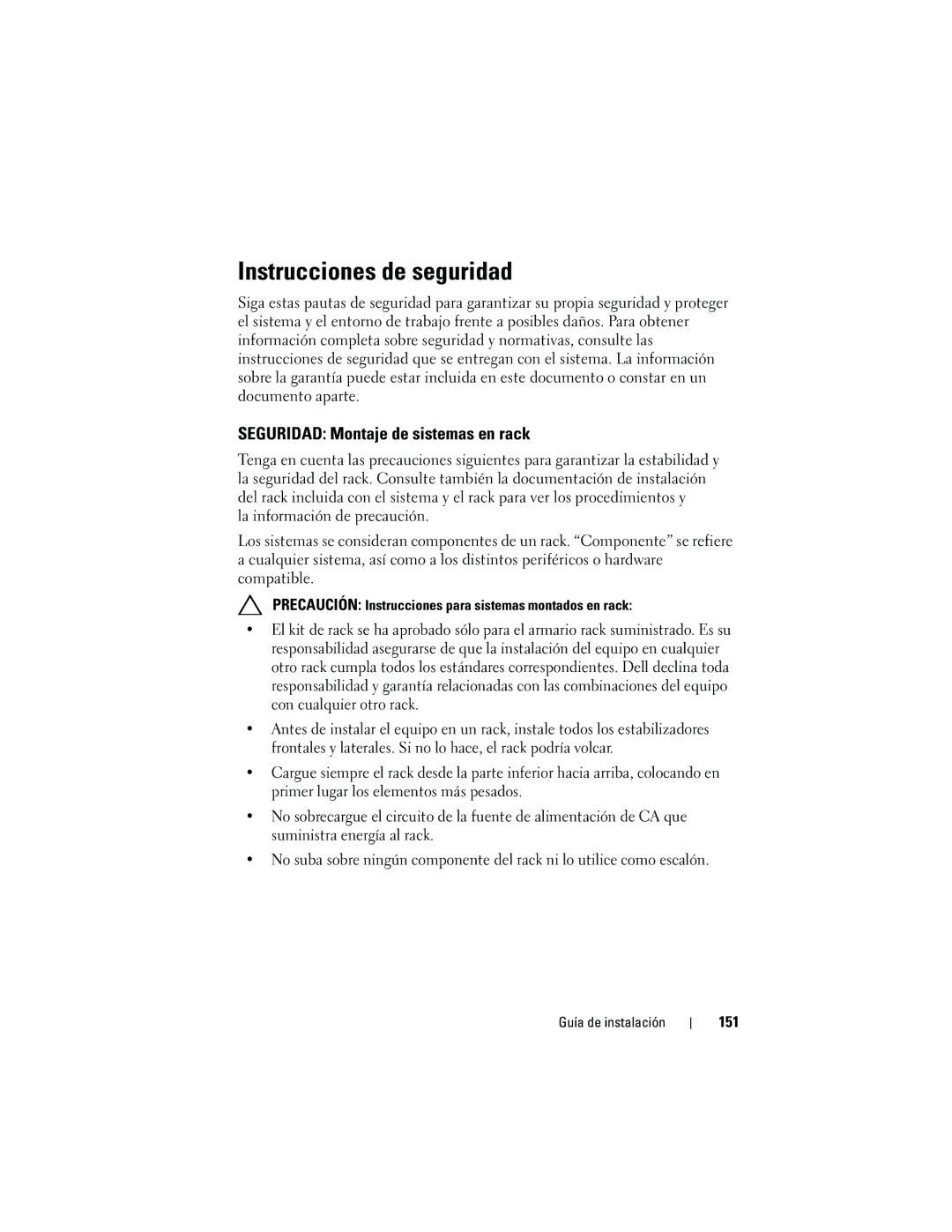 Dell 21DXJ, 4820 manual Instrucciones de seguridad, Seguridad Montaje de sistemas en rack, 151 