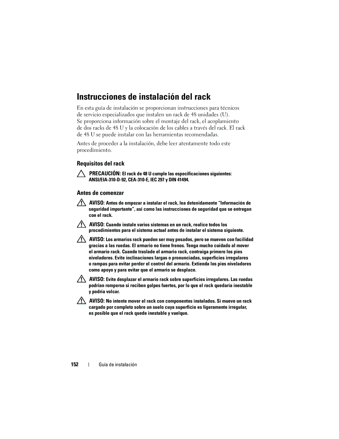 Dell 4820, 21DXJ manual Instrucciones de instalación del rack, Requisitos del rack, Antes de comenzar, 152 