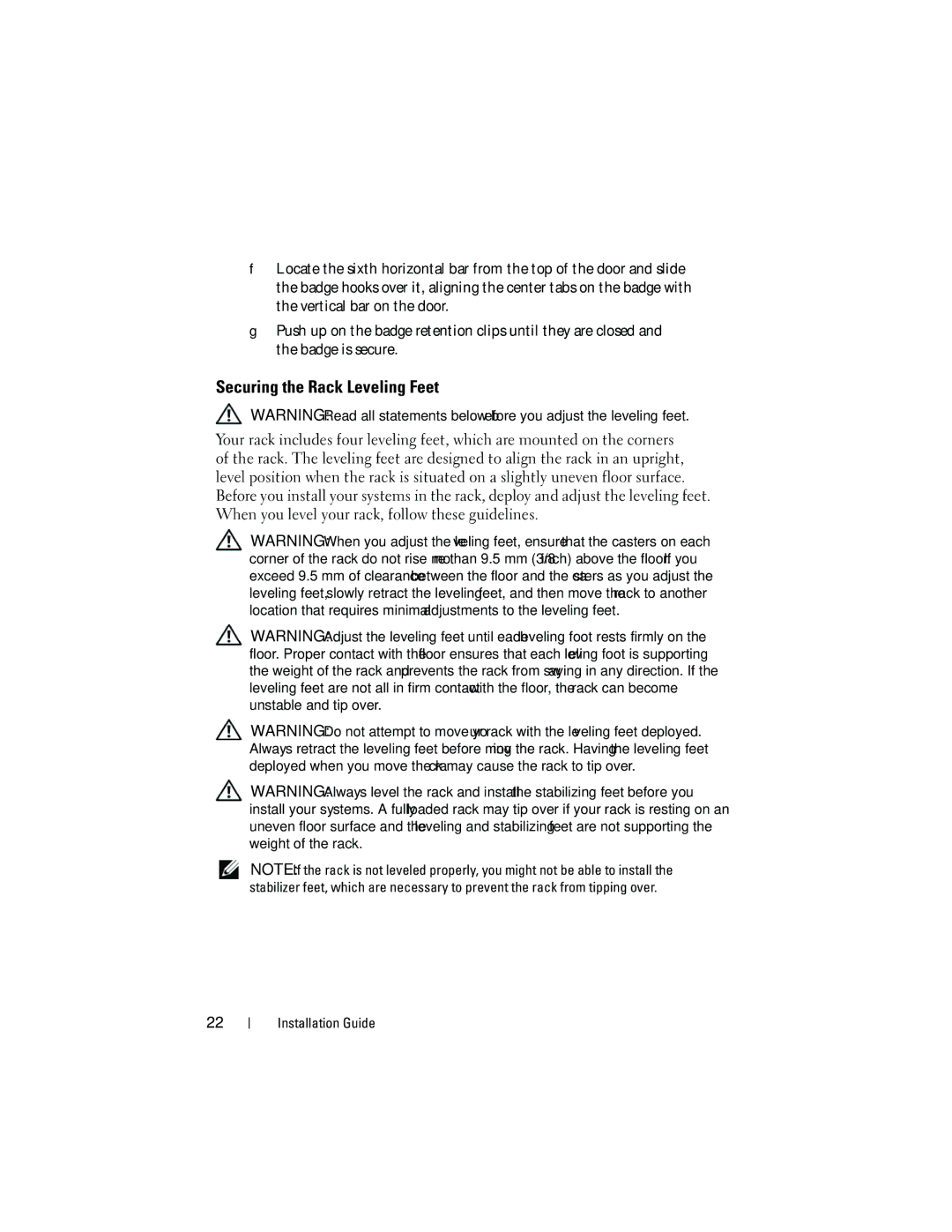 Dell 4820, 21DXJ manual Securing the Rack Leveling Feet 