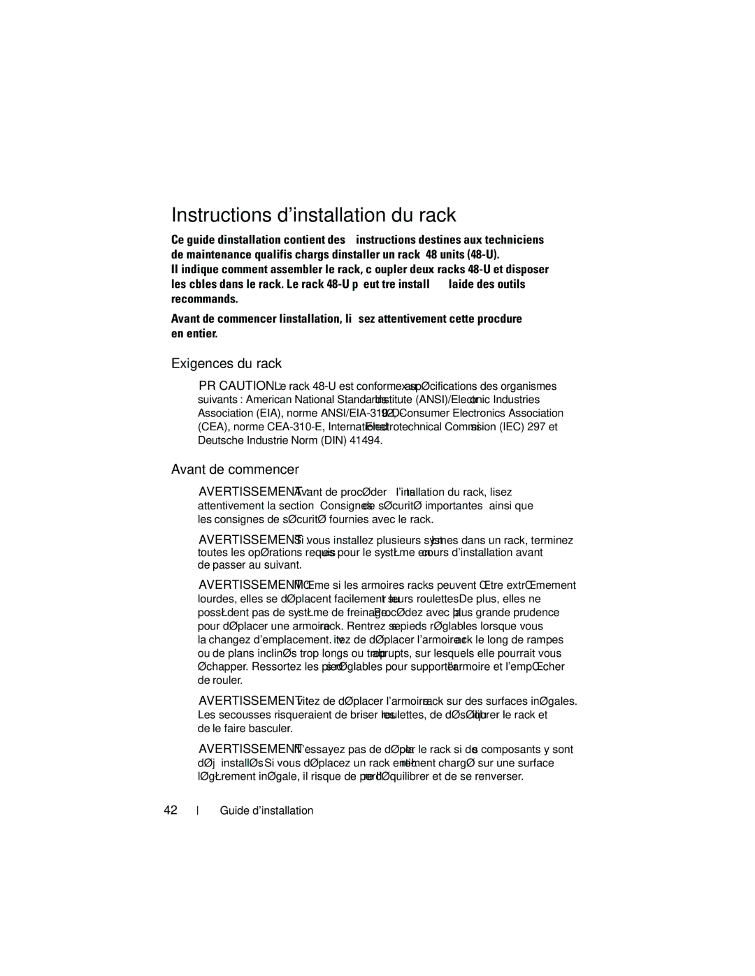 Dell 4820, 21DXJ manual Instructions dinstallation du rack, Exigences du rack, Avant de commencer 