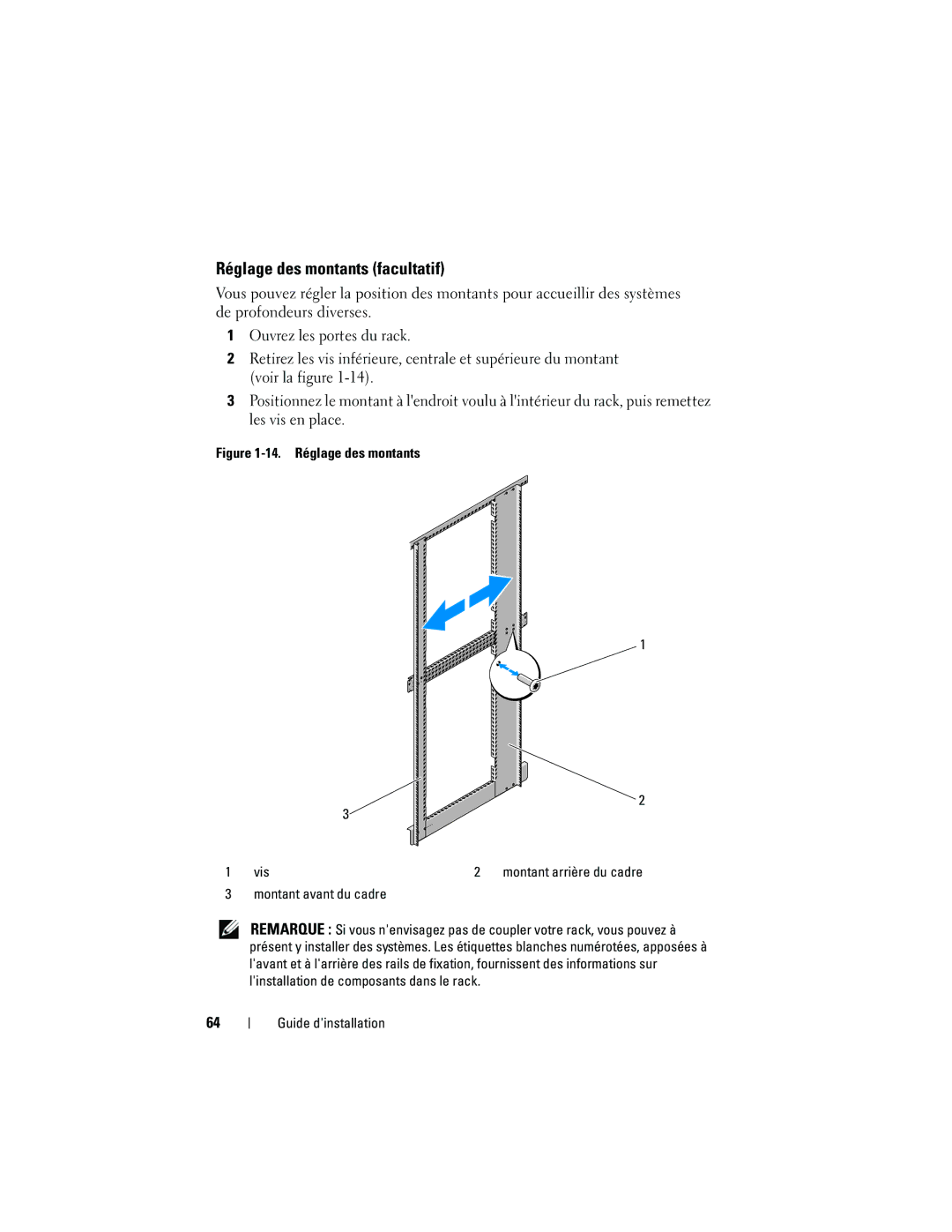 Dell 4820, 21DXJ manual Réglage des montants facultatif, Montant avant du cadre 