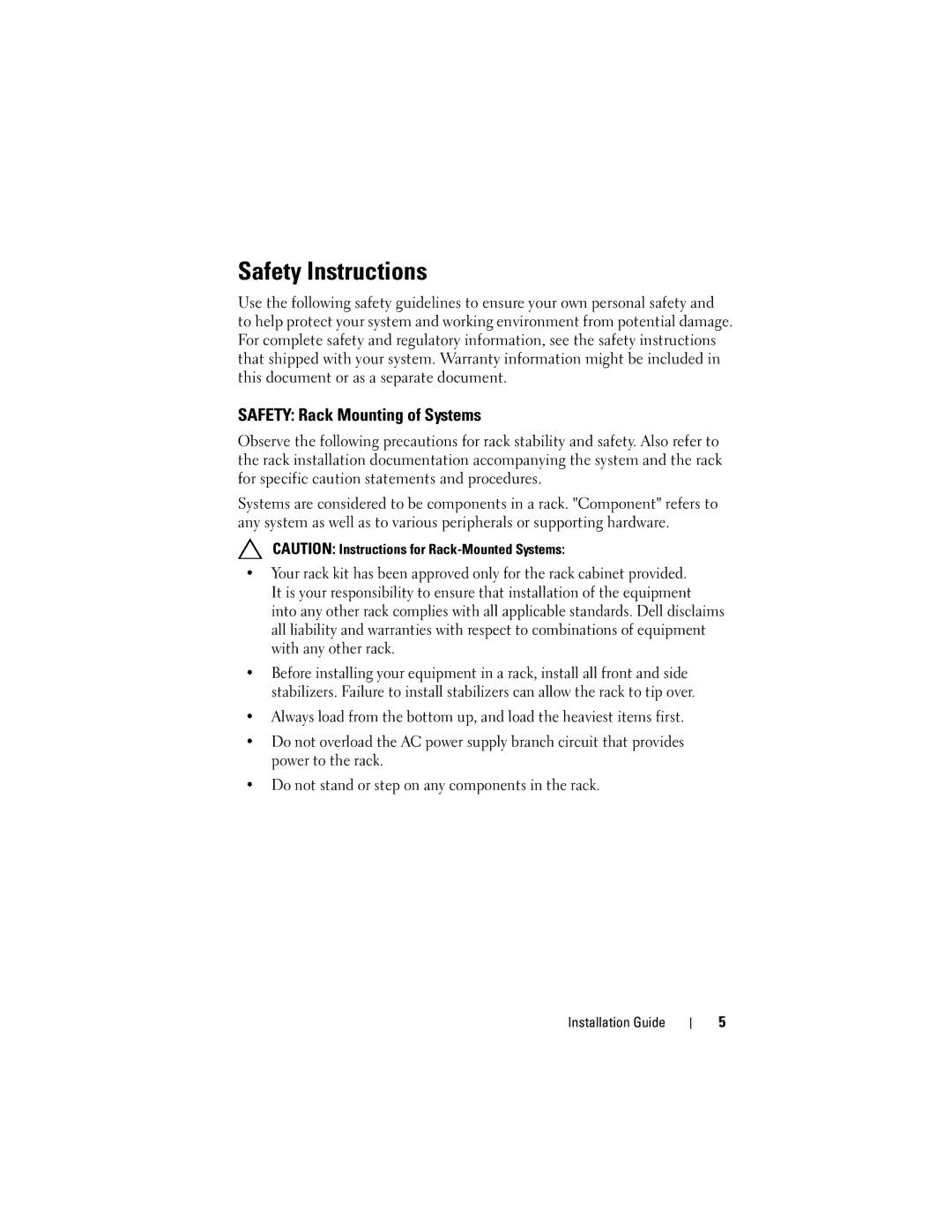 Dell 21DXJ, 4820 manual Safety Instructions, Safety Rack Mounting of Systems 