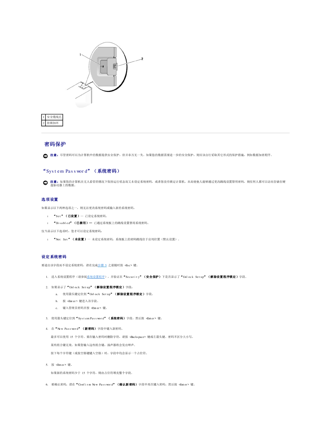 Dell 490 manual 密码保护, System Password（ 系统密码）, 设定 系统密码, T（ 已设置 ）- 已设定系统密码。 Disabled（ 已 禁 用 ）- 已通过系统板上的跳线设置禁用系统密码。 