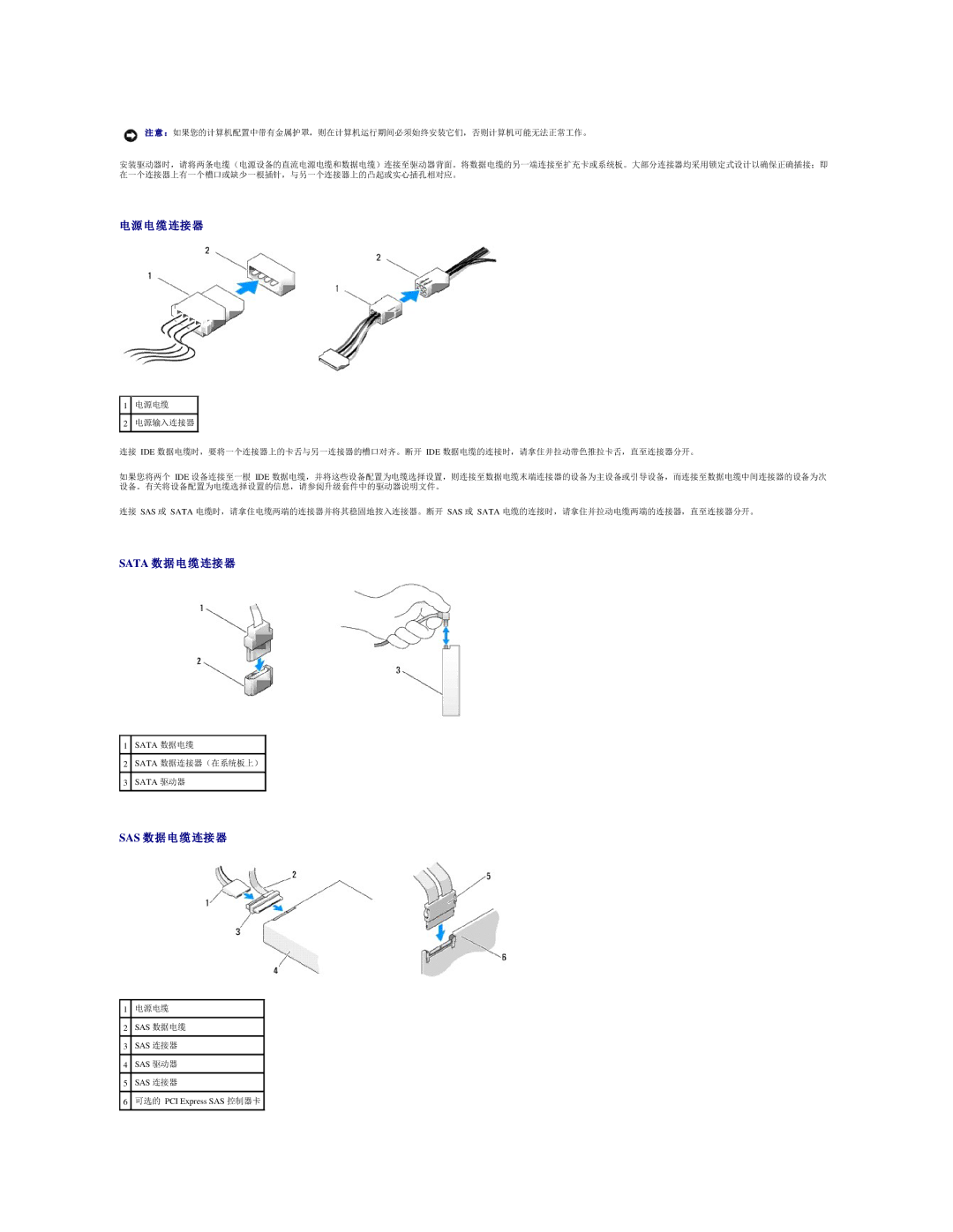 Dell 490 manual 电源电缆连接器, Sata 数据电缆连接器, Sas 数据电缆连接器 
