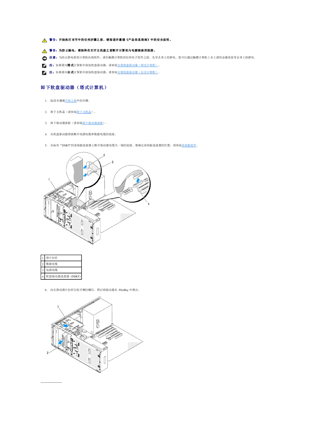 Dell 490 manual 下软盘驱动器（塔式计算机） 