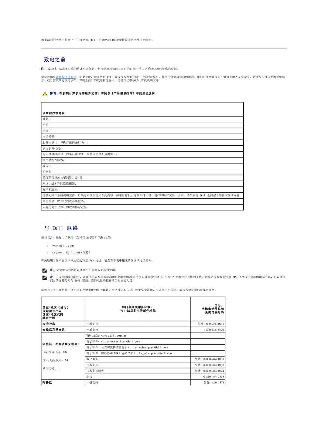 Dell 490 manual 致电之前, Dell 联络 