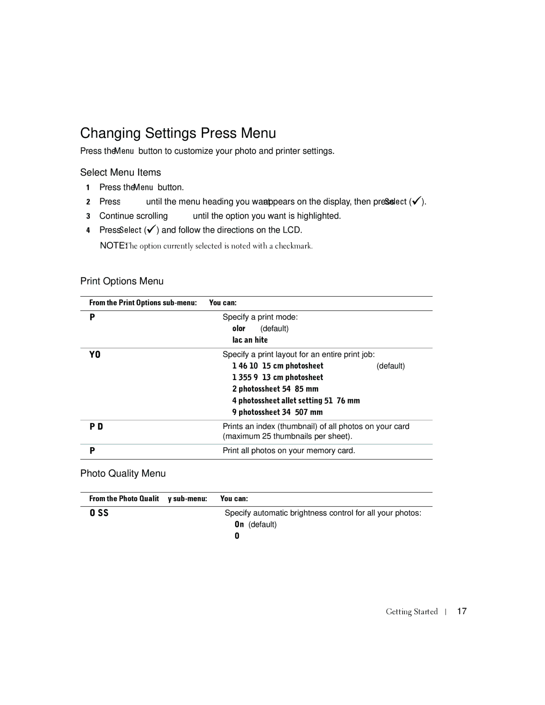 Dell 4J1412 owner manual Changing Settings-Press Menu, Select Menu Items, Print Options Menu, Photo Quality Menu 