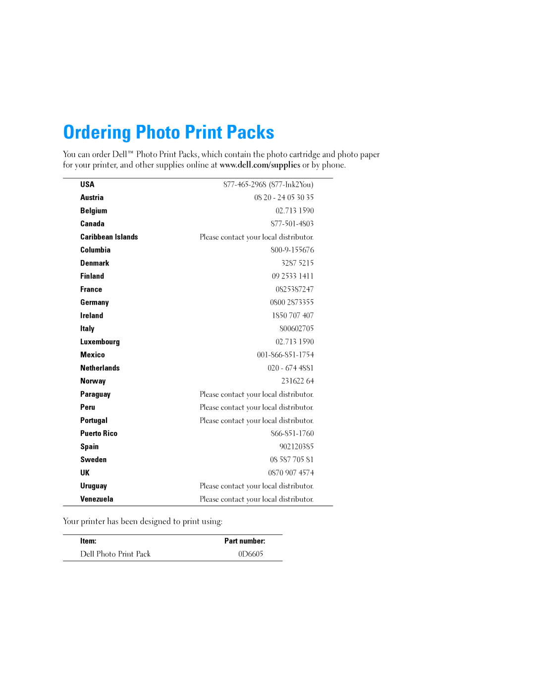 Dell 4J1412 owner manual Ordering Photo Print Packs, Dell Photo Print Pack 0D6605 