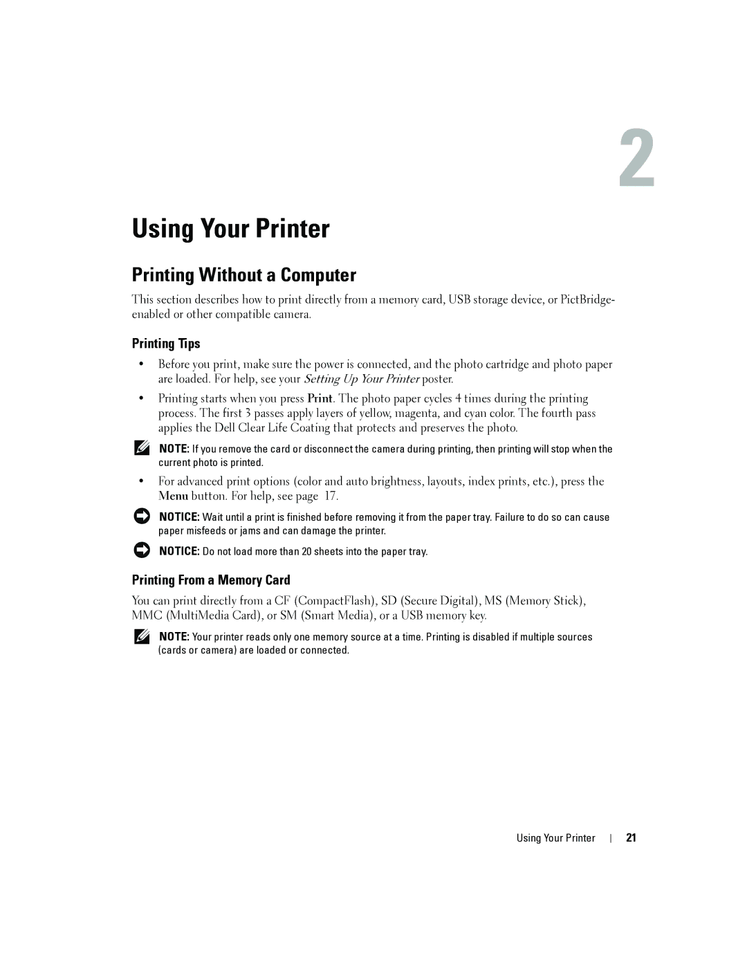 Dell 4J1412 owner manual Using Your Printer, Printing Without a Computer, Printing Tips, Printing From a Memory Card 