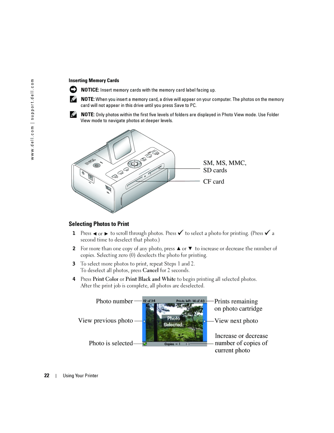 Dell 4J1412 owner manual Selecting Photos to Print, Inserting Memory Cards 