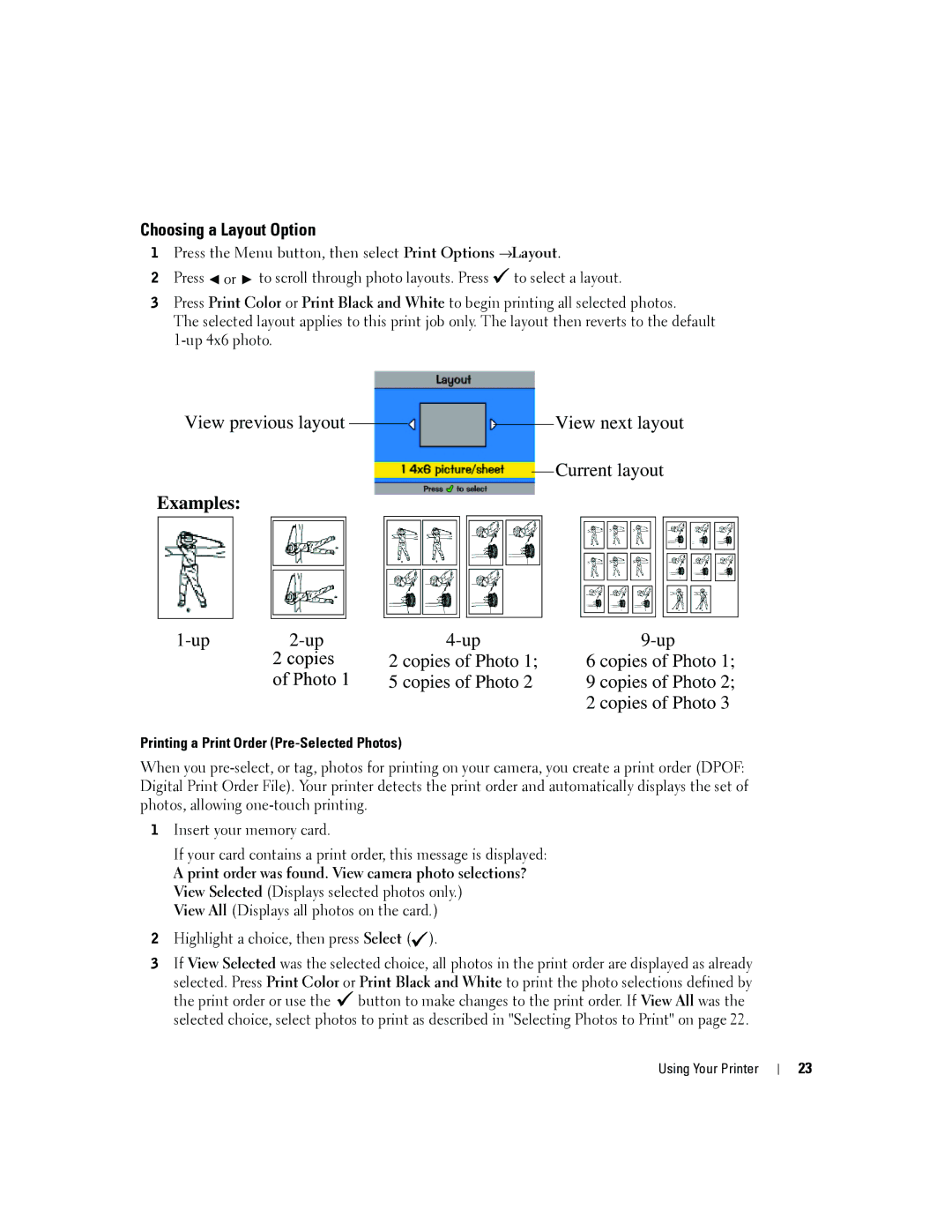 Dell 4J1412 owner manual Choosing a Layout Option, Printing a Print Order Pre-Selected Photos 